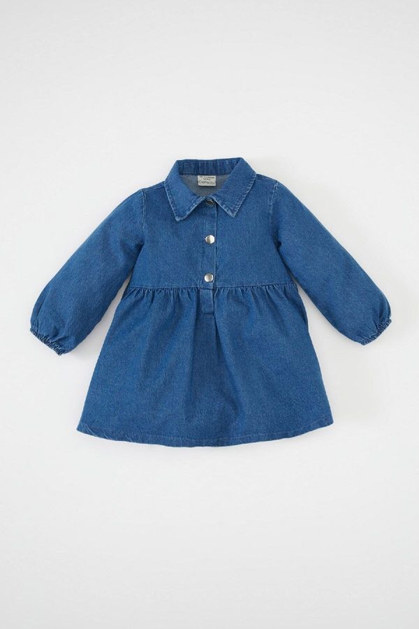 DEFACTO DEFACTO Baby Girl Polo Collar Long Sleeve Half Button Jean Dress