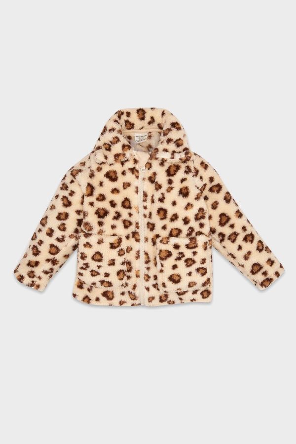 DEFACTO DEFACTO Baby Girl Shirt Collar Zippered Leopard Patterned Welsoft Plush Cardigan