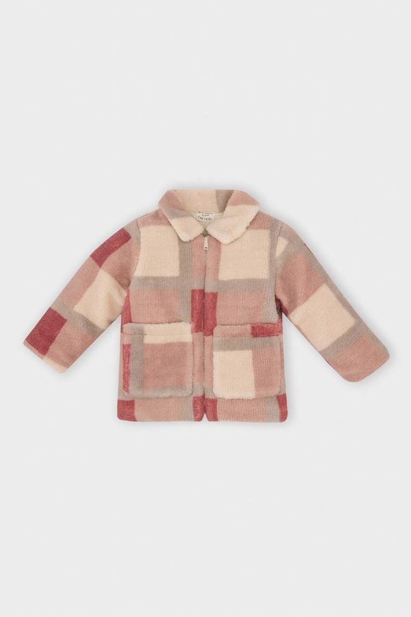 DEFACTO DEFACTO Baby Girl Shirt Collar Zippered Square Patterned Welsoft Plush Cardigan