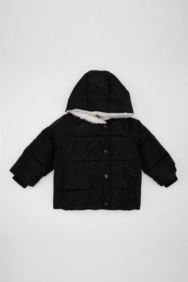 DEFACTO DEFACTO Baby Girl Windproof Water Repellent Ribbed Sleeve Button Hooded Faux Fur Lined Coat