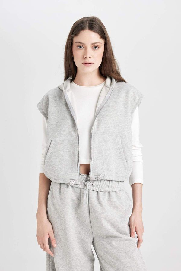 DEFACTO DEFACTO Back To School Coool Loose Fit Basic Plain Kangaroo Pocket Sleeveless Grey Zipper Sweatshirt Cardigan