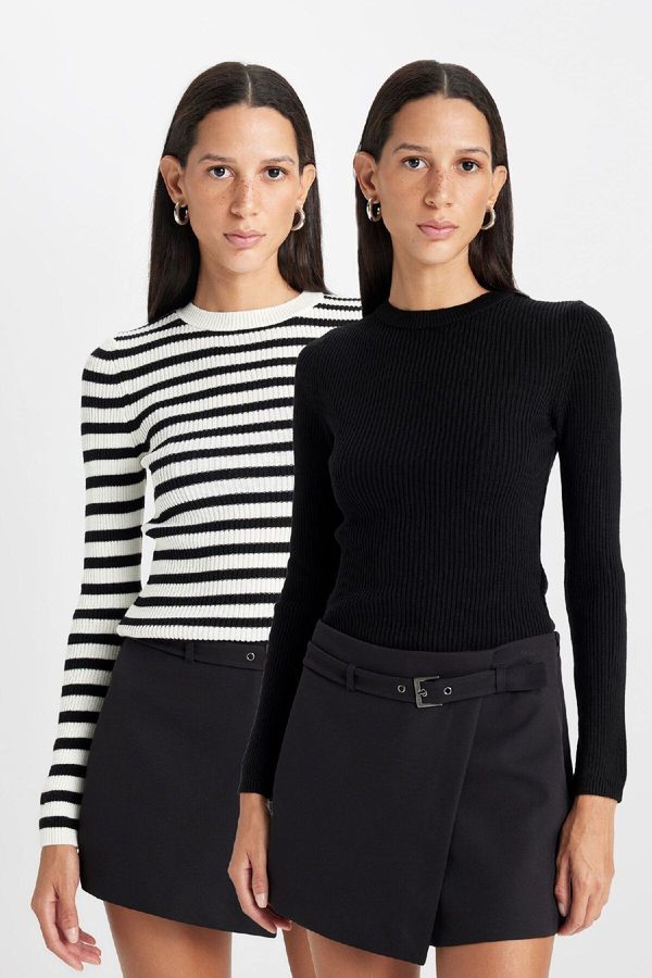DEFACTO DEFACTO Basic 2-Pack Plain-striped Crew Neck Fitted Knit Sweater