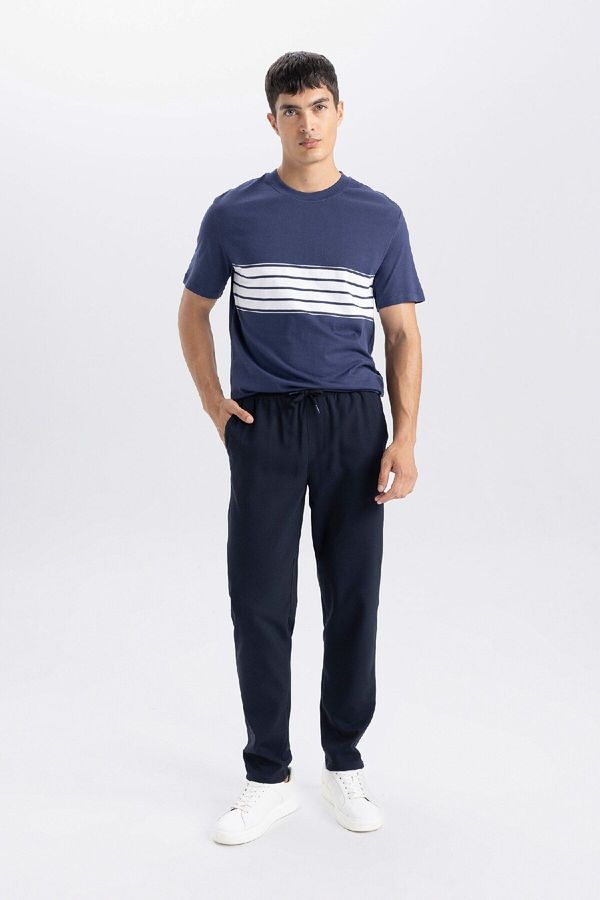 DEFACTO DEFACTO Basic Straight Elastic Waist Lace Up Pocket Jogger Straight Leg Navy Blue Trousers