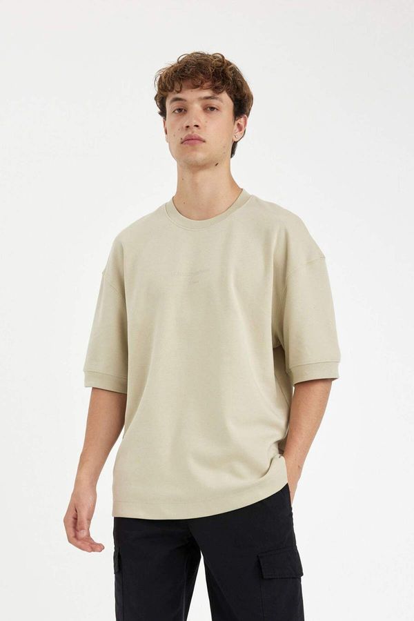 DEFACTO DEFACTO Beige Loose Fit Loose Cut Crew Neck Printed Heavy Fabric Cotton Short Sleeve T-Shirt