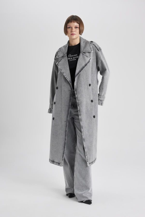 DEFACTO DEFACTO Belted Double Breasted Button Closure Belted Long Jean Trench Coat