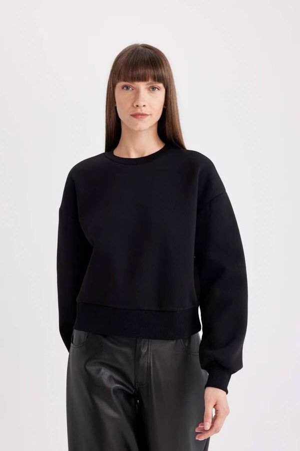 DEFACTO DEFACTO Black Boxy Fit Crew Neck Thick Basic Plain Sweatshirt