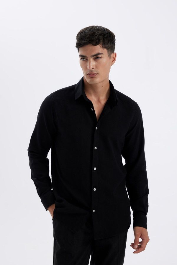 DEFACTO DEFACTO Black Modern Fit Modern Cut Polo Collar Plain Cotton Long Sleeve Shirt