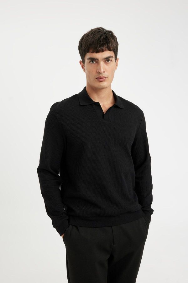 DEFACTO DEFACTO Black Regular Fit Polo Neck Jacquard Knitwear Sweatshirt