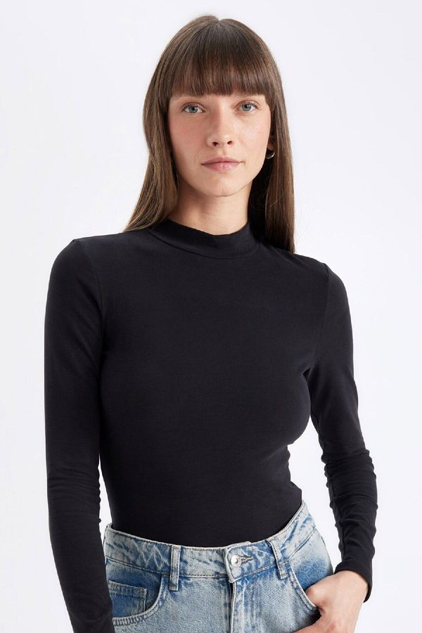 DEFACTO DEFACTO Black Slim Fit Slim Fit Half Turtleneck Casual Basic Plain Long Sleeve T-Shirt