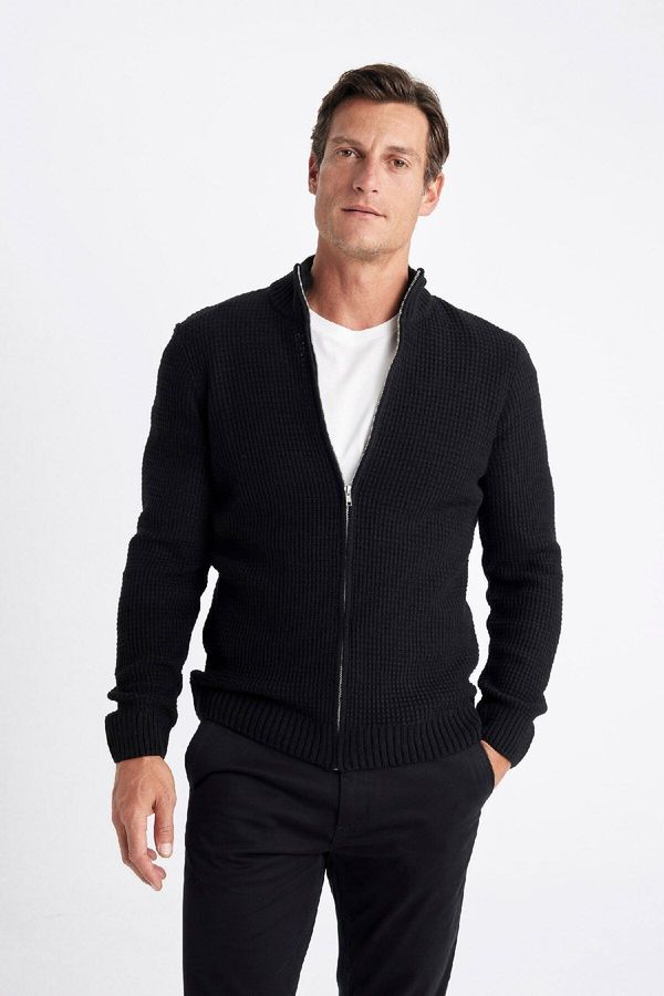 DEFACTO DEFACTO Black Standard Fit Regular Cut Half Turtleneck Zippered Knitwear Cardigan