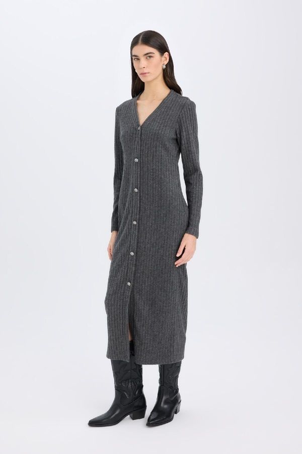 DEFACTO DEFACTO Bodycon Bodycon Basic Plain V Neck Buttoned Ribbed Camisole Midi Long Sleeve Dress