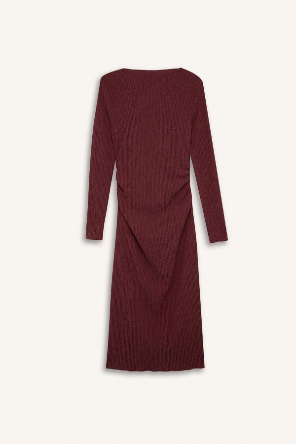 DEFACTO DEFACTO Bodycon Bodycon Half Turtleneck Basic Plain Crepe Long Sleeve Midi Burgundy Dress