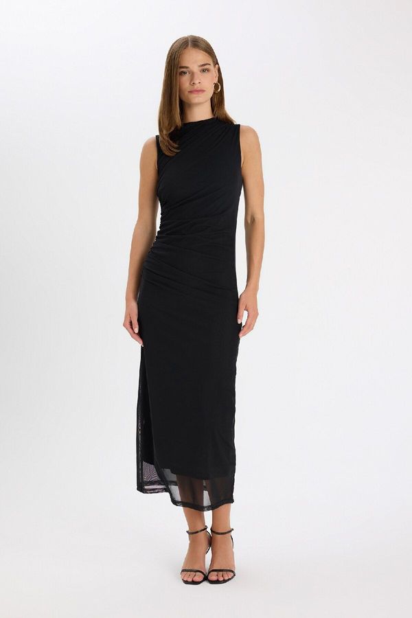 DEFACTO DEFACTO Bodycon Bodycon Half Turtleneck Basic Plain Tulle Sleeveless Maxi Black Dress C3519ax24au