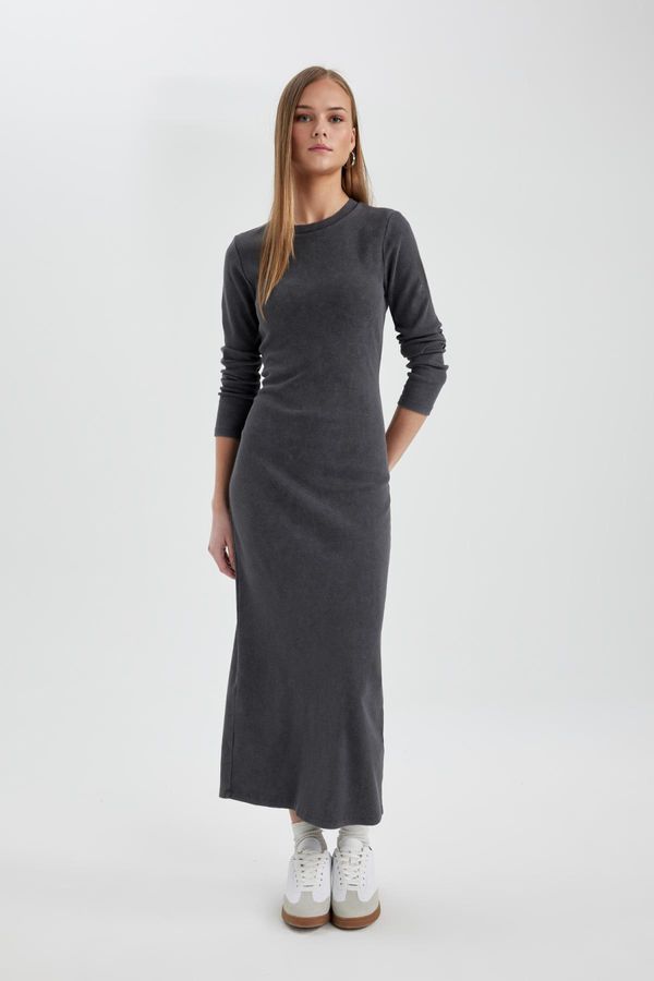 DEFACTO DEFACTO Bodycon Crew Neck Ribbed Camisole Maxi Long Sleeve Washed Fade Effect Dress