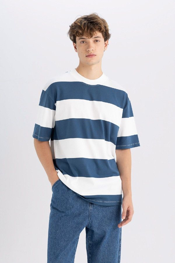 DEFACTO DEFACTO Boxy Fit Crew Neck Striped Cotton Short Sleeve T-Shirt