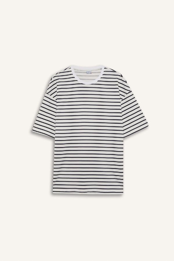 DEFACTO DEFACTO Boxy Fit Crew Neck Striped Short Sleeve T-Shirt