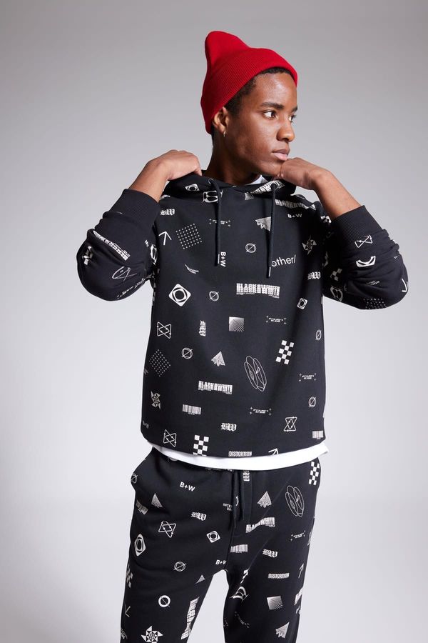 DEFACTO DEFACTO Boxy Fit Hooded Patterned Sweatshirt