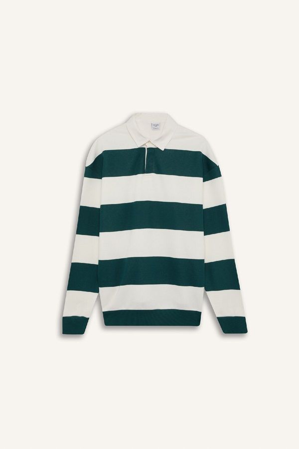 DEFACTO DEFACTO Boxy Fit Polo Collar Striped Sweatshirt