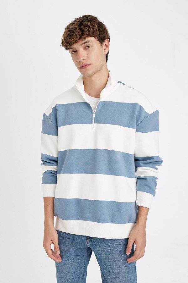 DEFACTO DEFACTO Boxy Fit Zipper Collar Striped Sweatshirt