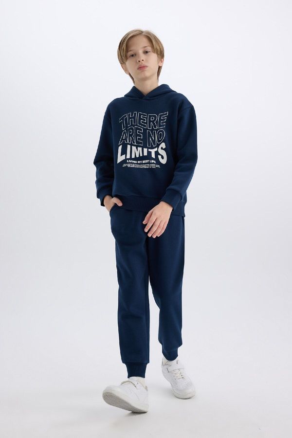 DEFACTO DEFACTO Boy 2-Piece Set Hooded Printed Sweatshirt Elastic Waist Tracksuit Bottoms