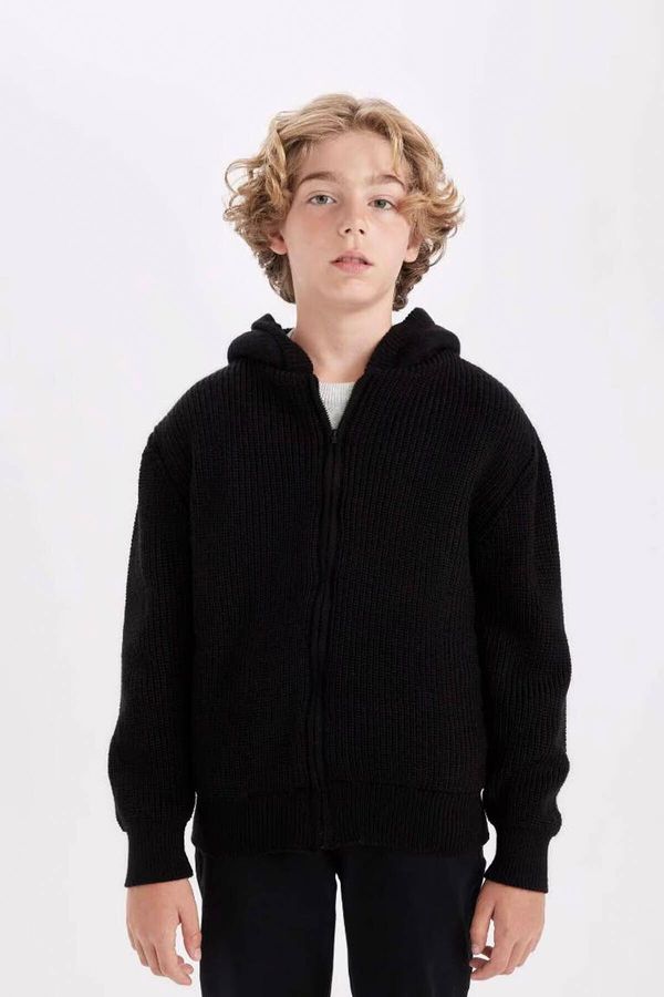 DEFACTO DEFACTO Boy Basic Knitwear Polar Fleece Lined Hooded Zippered Black School Cardigan