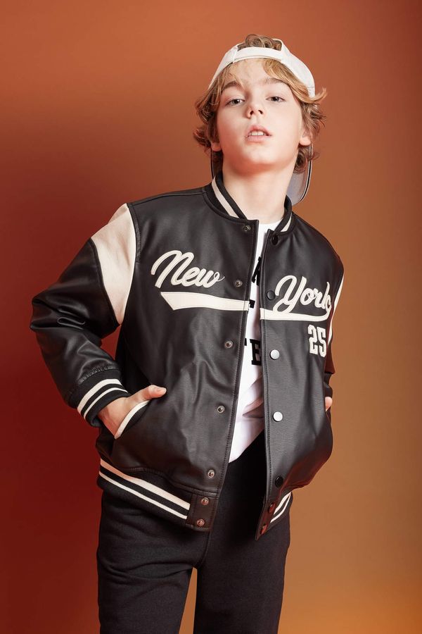 DEFACTO DEFACTO Boy Bomber Collar Water Repellent Faux Leather Jacket