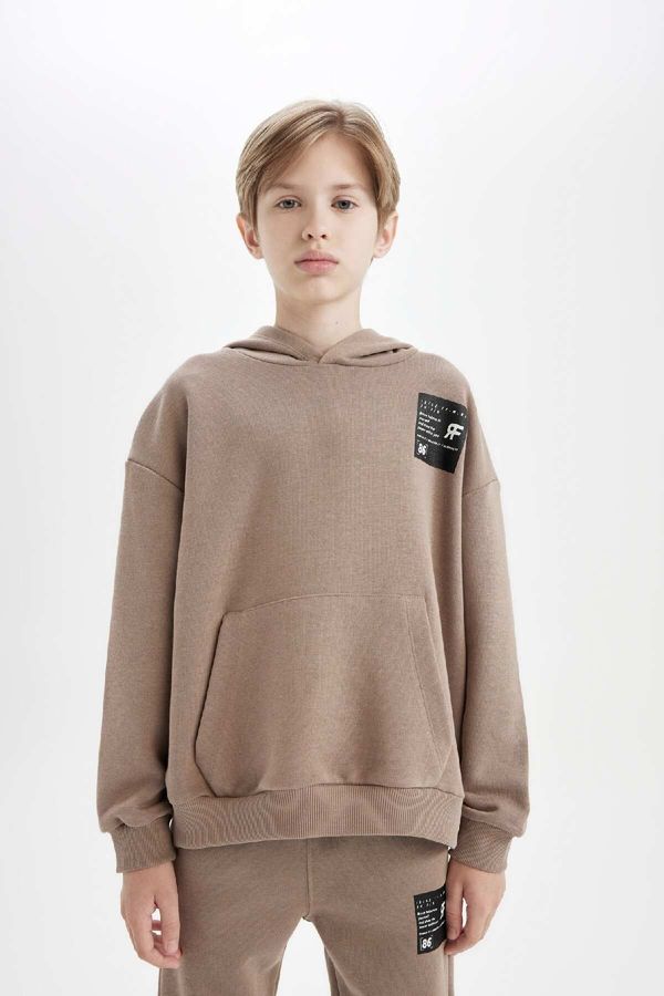 DEFACTO DEFACTO Boy Brown Oversize Fit Wide Pattern Hooded Pocket Thick School Sweatshirt