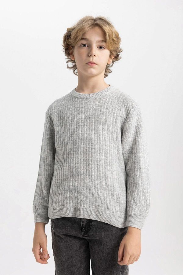 DEFACTO DEFACTO Boy Gray Crew Neck Basic Plain Knitwear Sweater