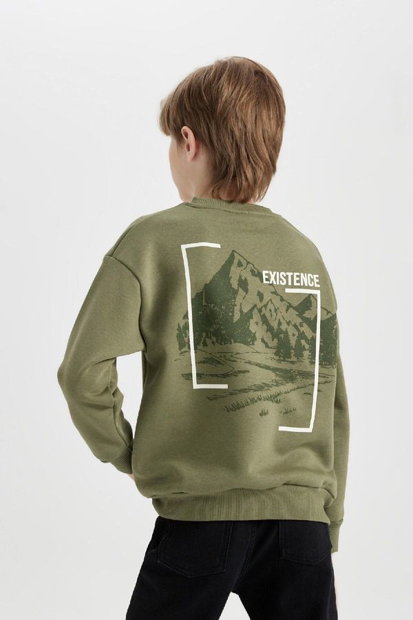 DEFACTO DEFACTO Boy Green Oversize Fit Wide Mold Crew Neck Back Printed Sweatshirt