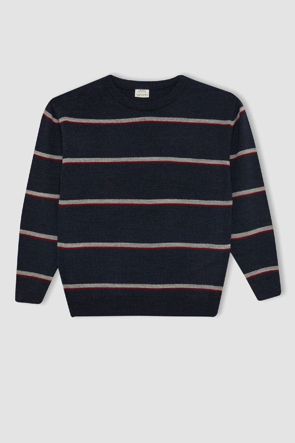 DEFACTO DEFACTO Boy Navy Blue Crew Neck Striped Knitwear Sweater