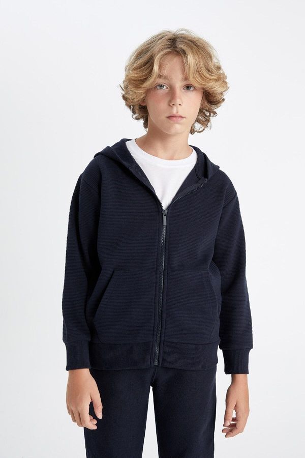 DEFACTO DEFACTO Boy Navy Blue Hooded Zippered School Cardigan