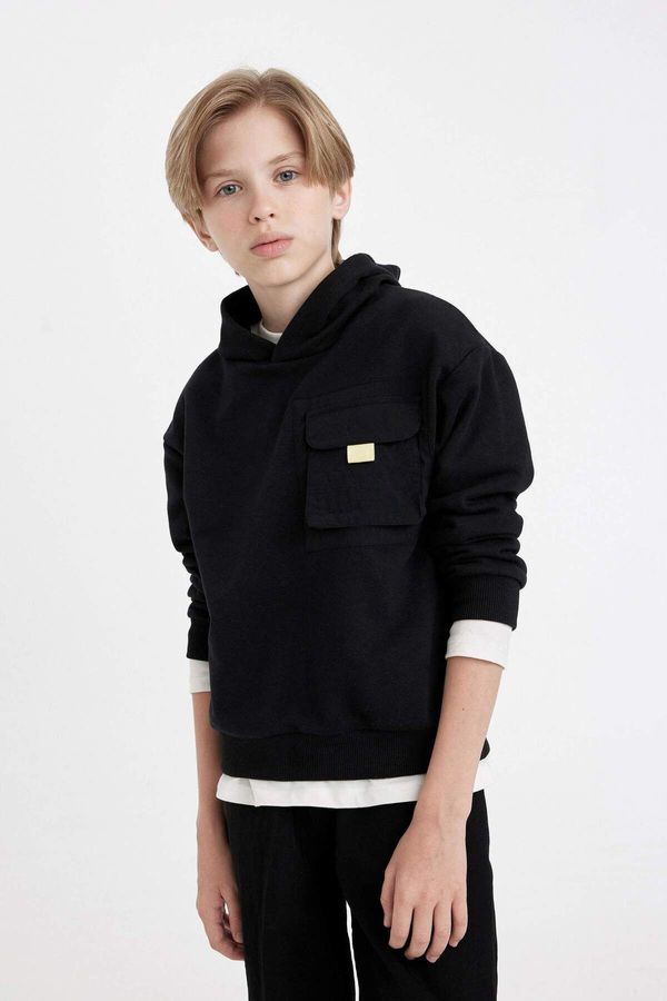 DEFACTO DEFACTO Boy Oversize Fit Black Hooded School Sweatshirt