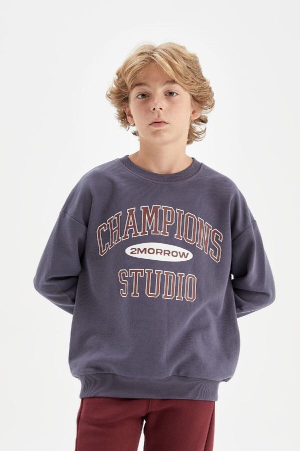 DEFACTO DEFACTO Boy Oversize Fit Crew Neck Printed School Sweatshirt