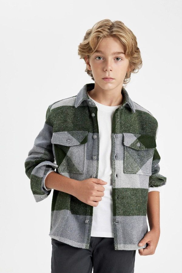 DEFACTO DEFACTO Boy Oversize Fit Polo Collar Flannel Long Sleeve Shirt