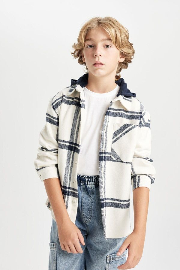 DEFACTO DEFACTO Boy Oversize Fit Wide Pattern Checkered Hooded Flannel Long Sleeve Shirt