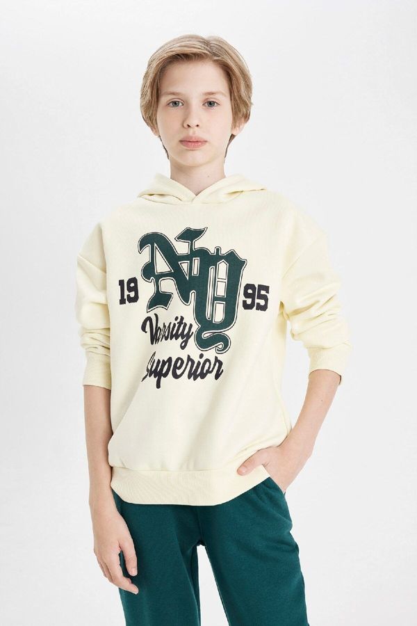 DEFACTO DEFACTO Boy Oversize Fit Wide Pattern Hooded Text Printed Thick Sweatshirt