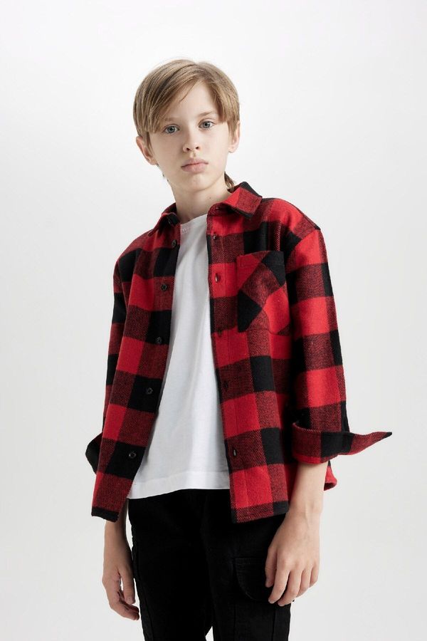 DEFACTO DEFACTO Boy Oversize Fit Wide Pattern Polo Collar Cotton Long Sleeve Plaid Shirt