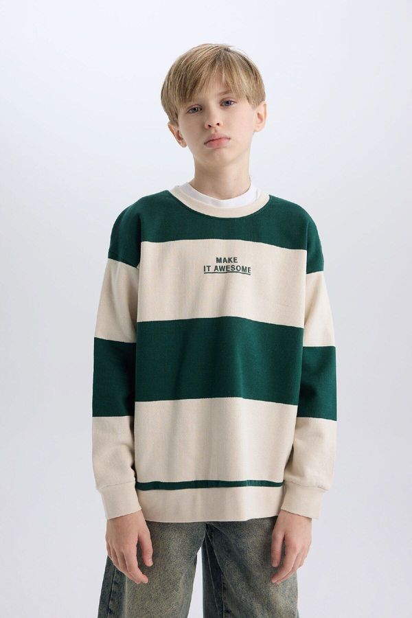 DEFACTO DEFACTO Boy Oversize Wide Pattern Crew Neck Striped Printed Thick Sweatshirt