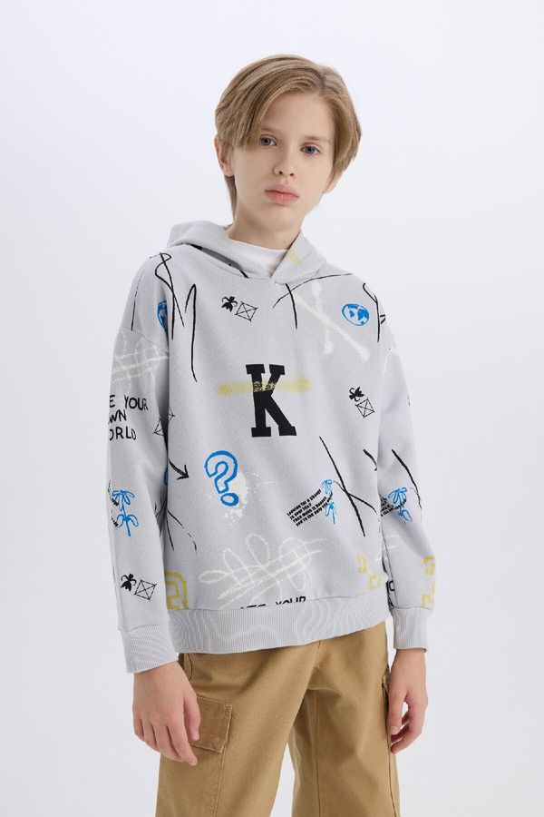 DEFACTO DEFACTO Boy Oversize Wide Pattern Hooded Patterned Thick Sweatshirt