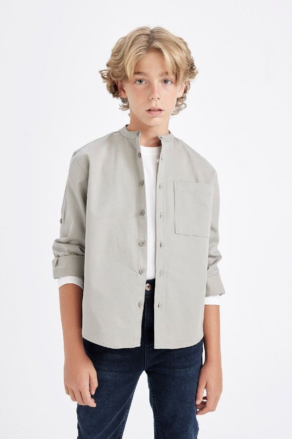 DEFACTO DEFACTO Boy Oversize Wide Pattern Stand Collar Twill Long Sleeve Shirt