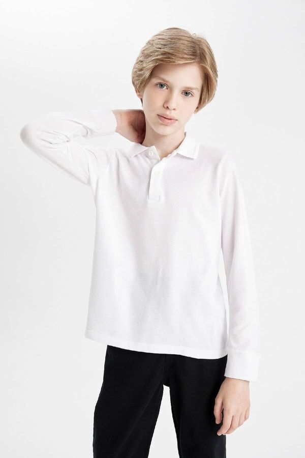 DEFACTO DEFACTO Boy Polo Neck Basic Plain Pique Long Sleeve White School T-Shirt L0288a624au