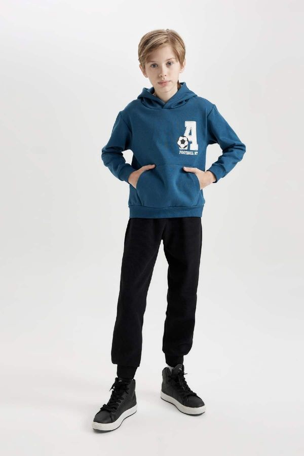 DEFACTO DEFACTO Boy Printed Hooded Kangaroo Pocket Sweatshirt Jogger Tracksuit Bottoms 2-Piece Set