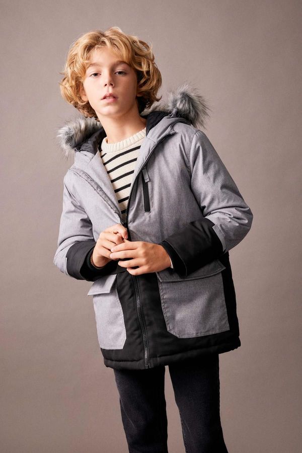 DEFACTO DEFACTO Boy Water Repellent Detachable Fur Hooded Plush Lining Coat Jacket