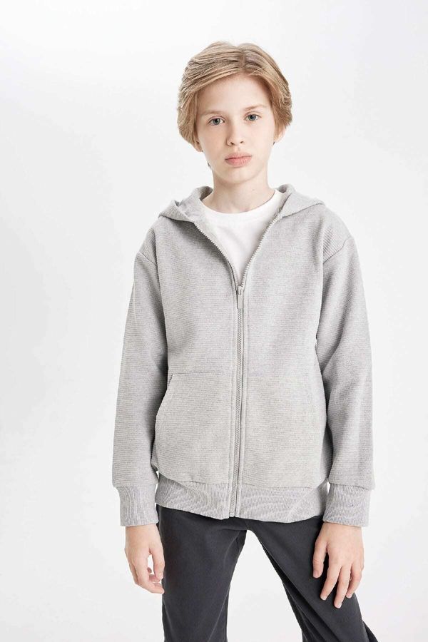 DEFACTO DEFACTO Boy's Basic Gray Hooded Zippered Pocket School Cardigan