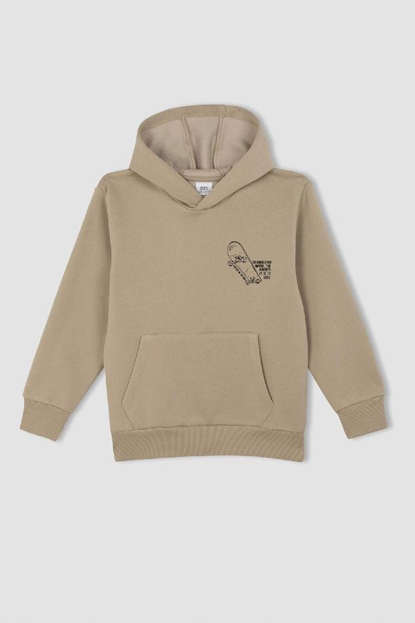 DEFACTO DEFACTO Boys Beige Letter Printed Pocket Hooded Thick School Sweatshirt