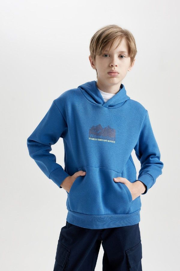 DEFACTO DEFACTO Boy's Blue Regular Fit Hooded Back Printed Thick Sweatshirt