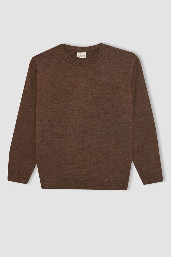 DEFACTO DEFACTO Boy's Brown Crew Neck Basic Plain Knitwear Sweater