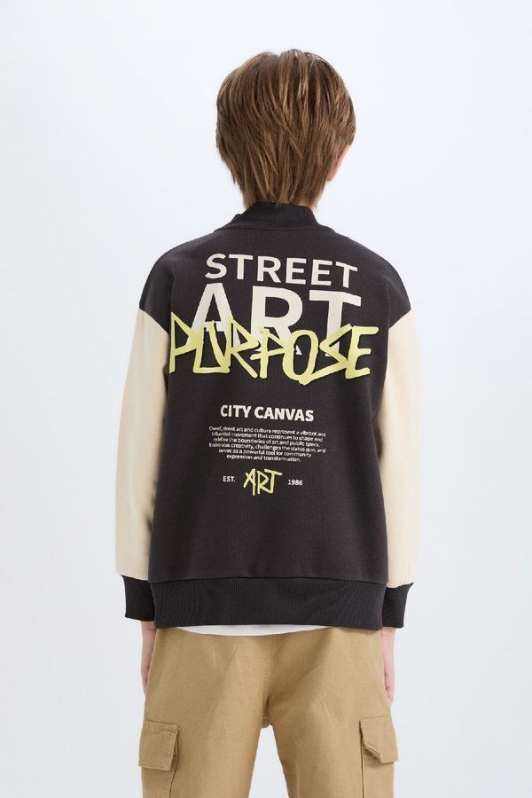 DEFACTO DEFACTO Boy's College Collar Back Printed Snap Closure Bomber Cardigan