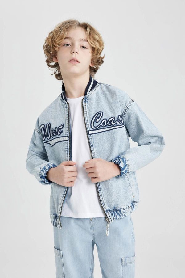 DEFACTO DEFACTO Boys College Collar Zipper Closure Pocket Seasonal Lightweight Printed Jean Bomber Jacket