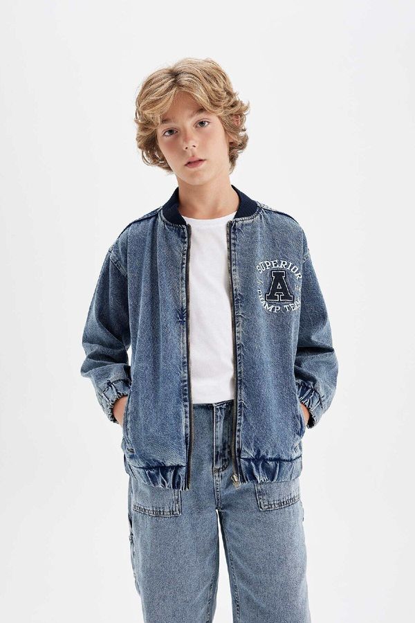 DEFACTO DEFACTO Boys College Collar Zipper Pocket Seasonal Printed Jean Bomber Jacket